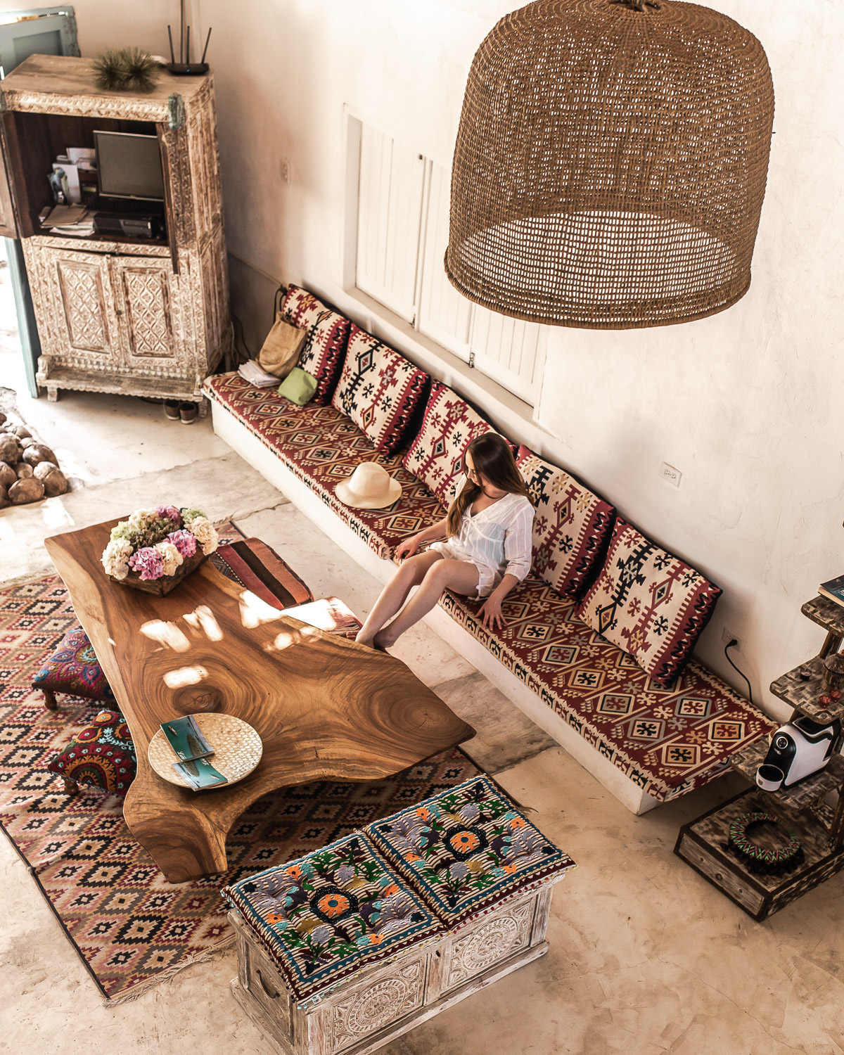 Bohemian furniture and decor featured in the lobby at Eteka Beach Hotel & Lounge - Cartagena, Colombia